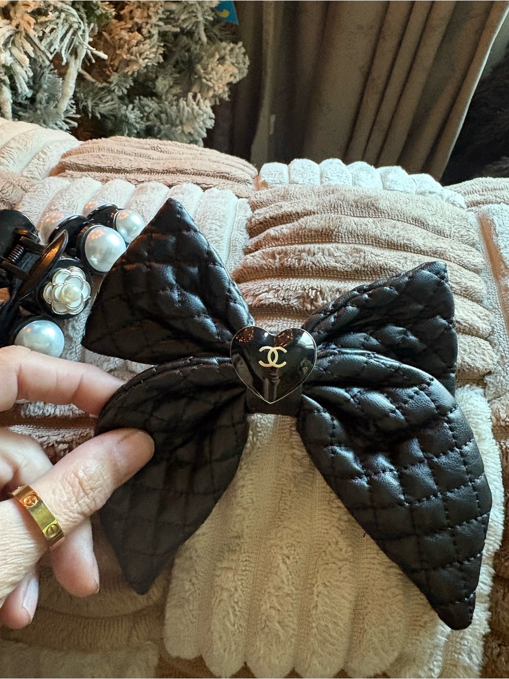 Designer style Black Quilted Bow & Pearl Camellia Hair Set